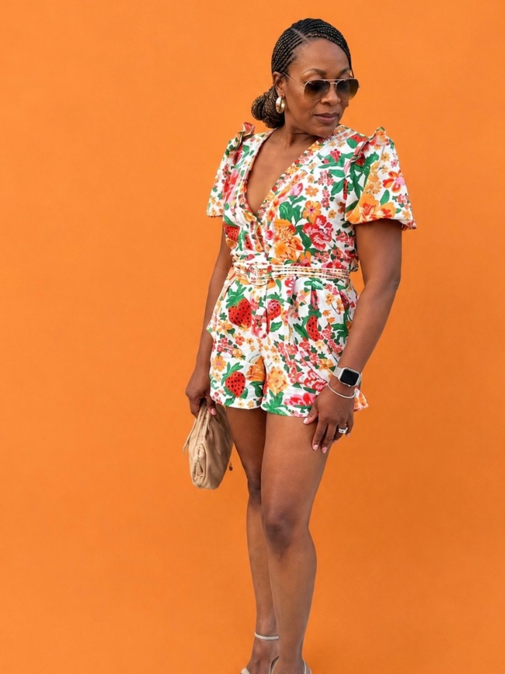 FARM Rio White Floral Fruit Print Romper with Orange and Green Accents
